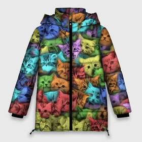Женская зимняя куртка 3D с принтом Разноцветные коты в Новосибирске, верх — 100% полиэстер; подкладка — 100% полиэстер; утеплитель — 100% полиэстер | длина ниже бедра, силуэт Оверсайз. Есть воротник-стойка, отстегивающийся капюшон и ветрозащитная планка. 

Боковые карманы с листочкой на кнопках и внутренний карман на молнии | Тематика изображения на принте: котенок | котик | котята | кошка | кошки | паттерн