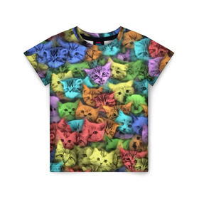 Детская футболка 3D с принтом Разноцветные коты в Новосибирске, 100% гипоаллергенный полиэфир | прямой крой, круглый вырез горловины, длина до линии бедер, чуть спущенное плечо, ткань немного тянется | Тематика изображения на принте: котенок | котик | котята | кошка | кошки | паттерн