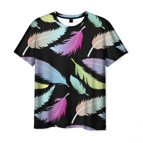 Мужская футболка 3D с принтом Радужные перья в Новосибирске, 100% полиэфир | прямой крой, круглый вырез горловины, длина до линии бедер | арт | белый | мульт | новинки | прикольный | птица | рисунок | сова | филин | черный