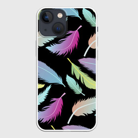 Чехол для iPhone 13 mini с принтом Радужные перья в Новосибирске,  |  | арт | белый | мульт | новинки | прикольный | птица | рисунок | сова | филин | черный