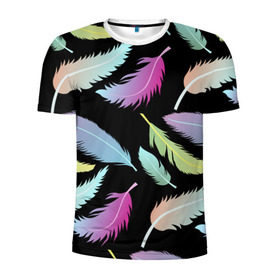 Мужская футболка 3D спортивная с принтом Радужные перья в Новосибирске, 100% полиэстер с улучшенными характеристиками | приталенный силуэт, круглая горловина, широкие плечи, сужается к линии бедра | арт | белый | мульт | новинки | прикольный | птица | рисунок | сова | филин | черный