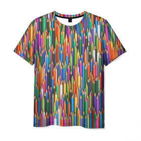 Мужская футболка 3D с принтом Разноцветные карандаши в Новосибирске, 100% полиэфир | прямой крой, круглый вырез горловины, длина до линии бедер | дизайнер | карандаш | палитра | паттерн | радуга | рисование | рисунок | художник | цвет | цветной | школа