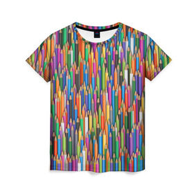 Женская футболка 3D с принтом Разноцветные карандаши в Новосибирске, 100% полиэфир ( синтетическое хлопкоподобное полотно) | прямой крой, круглый вырез горловины, длина до линии бедер | дизайнер | карандаш | палитра | паттерн | радуга | рисование | рисунок | художник | цвет | цветной | школа