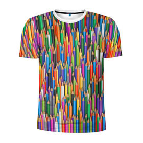 Мужская футболка 3D спортивная с принтом Разноцветные карандаши в Новосибирске, 100% полиэстер с улучшенными характеристиками | приталенный силуэт, круглая горловина, широкие плечи, сужается к линии бедра | дизайнер | карандаш | палитра | паттерн | радуга | рисование | рисунок | художник | цвет | цветной | школа