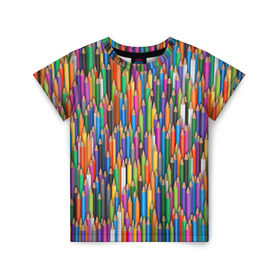 Детская футболка 3D с принтом Разноцветные карандаши в Новосибирске, 100% гипоаллергенный полиэфир | прямой крой, круглый вырез горловины, длина до линии бедер, чуть спущенное плечо, ткань немного тянется | дизайнер | карандаш | палитра | паттерн | радуга | рисование | рисунок | художник | цвет | цветной | школа