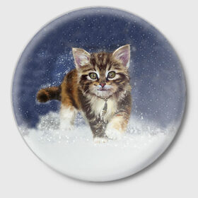 Значок с принтом Зимний котик в Новосибирске,  металл | круглая форма, металлическая застежка в виде булавки | зима | кот | котенок | кошка | новый год | снег | снежинка | снежок