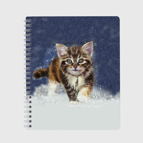 Тетрадь с принтом Зимний котик в Новосибирске, 100% бумага | 48 листов, плотность листов — 60 г/м2, плотность картонной обложки — 250 г/м2. Листы скреплены сбоку удобной пружинной спиралью. Уголки страниц и обложки скругленные. Цвет линий — светло-серый
 | зима | кот | котенок | кошка | новый год | снег | снежинка | снежок