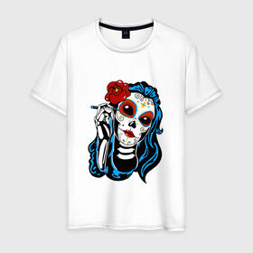 Мужская футболка хлопок с принтом Макияж Мексиканский череп в Новосибирске, 100% хлопок | прямой крой, круглый вырез горловины, длина до линии бедер, слегка спущенное плечо. | Тематика изображения на принте: 