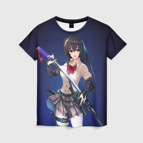 Женская футболка 3D с принтом Anime girl в Новосибирске, 100% полиэфир ( синтетическое хлопкоподобное полотно) | прямой крой, круглый вырез горловины, длина до линии бедер | anime | girl | japan | katana | samurai | sword | аниме | девушка | катана | меч | оружие | самурай | япония