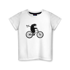Детская футболка хлопок с принтом Ежик на велосипеде в Новосибирске, 100% хлопок | круглый вырез горловины, полуприлегающий силуэт, длина до линии бедер | велосипед | ежик