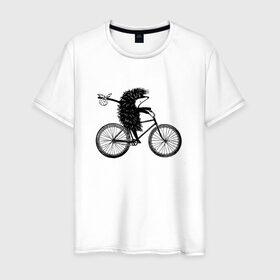 Мужская футболка хлопок с принтом Ежик на велосипеде в Новосибирске, 100% хлопок | прямой крой, круглый вырез горловины, длина до линии бедер, слегка спущенное плечо. | Тематика изображения на принте: велосипед | ежик