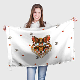 Флаг 3D с принтом Этнический лис в Новосибирске, 100% полиэстер | плотность ткани — 95 г/м2, размер — 67 х 109 см. Принт наносится с одной стороны | дикая | дикий | лес | лис | лиса | луна | ночь | собака | тьма
