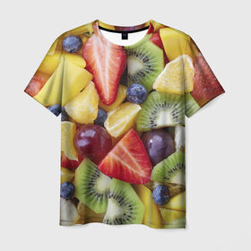 Мужская футболка 3D с принтом Фруктовое ассорти в Новосибирске, 100% полиэфир | прямой крой, круглый вырез горловины, длина до линии бедер | витамины | еда | клубника | лимон | малина | овощи | фрукты | цвета | яблоко | яркие
