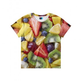 Детская футболка 3D с принтом Фруктовое ассорти в Новосибирске, 100% гипоаллергенный полиэфир | прямой крой, круглый вырез горловины, длина до линии бедер, чуть спущенное плечо, ткань немного тянется | Тематика изображения на принте: витамины | еда | клубника | лимон | малина | овощи | фрукты | цвета | яблоко | яркие