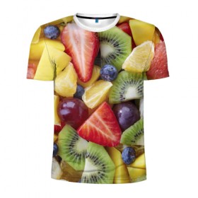 Мужская футболка 3D спортивная с принтом Фруктовое ассорти в Новосибирске, 100% полиэстер с улучшенными характеристиками | приталенный силуэт, круглая горловина, широкие плечи, сужается к линии бедра | витамины | еда | клубника | лимон | малина | овощи | фрукты | цвета | яблоко | яркие