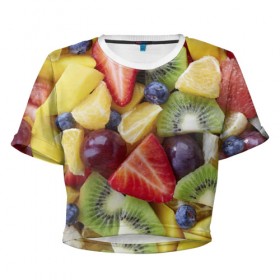 Женская футболка 3D укороченная с принтом Фруктовое ассорти в Новосибирске, 100% полиэстер | круглая горловина, длина футболки до линии талии, рукава с отворотами | витамины | еда | клубника | лимон | малина | овощи | фрукты | цвета | яблоко | яркие