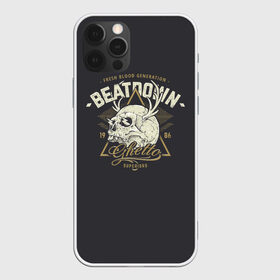 Чехол для iPhone 12 Pro Max с принтом Beatdown Ghetto 1986 в Новосибирске, Силикон |  | Тематика изображения на принте: bones | gothic | grunge | horns | lightning | rock and roll | skeleton | skull | tattoo | готика | гранж | кости | молнии | рога | рок н ролл | скелет | тату | череп