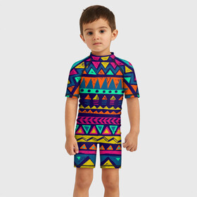 Детский купальный костюм 3D с принтом Индейский орнамент в Новосибирске, Полиэстер 85%, Спандекс 15% | застежка на молнии на спине | abstraction | geometry | абстракция | геометрия | грань | краски | кубик | кубики | линии | мозаика | разноцветные | ребро | текстура | тени | узор