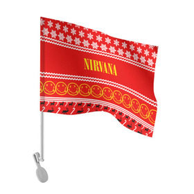 Флаг для автомобиля с принтом Праздничный Nirvana в Новосибирске, 100% полиэстер | Размер: 30*21 см | cobain | kurt | nirvana | альтернативный | гранж | группа | дональд | знак | кобейн | красный | курт | музыка | музыкант | надпись | нервана | нирвана | новогодний | новоселич | новый год | певец | праздник