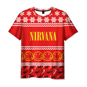 Мужская футболка 3D с принтом Праздничный Nirvana в Новосибирске, 100% полиэфир | прямой крой, круглый вырез горловины, длина до линии бедер | Тематика изображения на принте: cobain | kurt | nirvana | альтернативный | гранж | группа | дональд | знак | кобейн | красный | курт | музыка | музыкант | надпись | нервана | нирвана | новогодний | новоселич | новый год | певец | праздник
