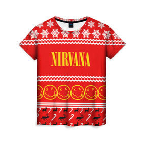 Женская футболка 3D с принтом Праздничный Nirvana в Новосибирске, 100% полиэфир ( синтетическое хлопкоподобное полотно) | прямой крой, круглый вырез горловины, длина до линии бедер | cobain | kurt | nirvana | альтернативный | гранж | группа | дональд | знак | кобейн | красный | курт | музыка | музыкант | надпись | нервана | нирвана | новогодний | новоселич | новый год | певец | праздник