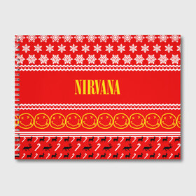 Альбом для рисования с принтом Праздничный Nirvana в Новосибирске, 100% бумага
 | матовая бумага, плотность 200 мг. | cobain | kurt | nirvana | альтернативный | гранж | группа | дональд | знак | кобейн | красный | курт | музыка | музыкант | надпись | нервана | нирвана | новогодний | новоселич | новый год | певец | праздник