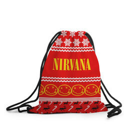 Рюкзак-мешок 3D с принтом Праздничный Nirvana в Новосибирске, 100% полиэстер | плотность ткани — 200 г/м2, размер — 35 х 45 см; лямки — толстые шнурки, застежка на шнуровке, без карманов и подкладки | cobain | kurt | nirvana | альтернативный | гранж | группа | дональд | знак | кобейн | красный | курт | музыка | музыкант | надпись | нервана | нирвана | новогодний | новоселич | новый год | певец | праздник