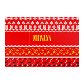 Магнитный плакат 3Х2 с принтом Праздничный Nirvana в Новосибирске, Полимерный материал с магнитным слоем | 6 деталей размером 9*9 см | Тематика изображения на принте: cobain | kurt | nirvana | альтернативный | гранж | группа | дональд | знак | кобейн | красный | курт | музыка | музыкант | надпись | нервана | нирвана | новогодний | новоселич | новый год | певец | праздник