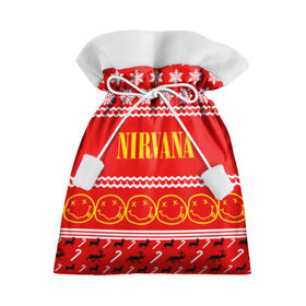 Подарочный 3D мешок с принтом Праздничный Nirvana в Новосибирске, 100% полиэстер | Размер: 29*39 см | Тематика изображения на принте: cobain | kurt | nirvana | альтернативный | гранж | группа | дональд | знак | кобейн | красный | курт | музыка | музыкант | надпись | нервана | нирвана | новогодний | новоселич | новый год | певец | праздник