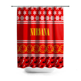 Штора 3D для ванной с принтом Праздничный Nirvana в Новосибирске, 100% полиэстер | плотность материала — 100 г/м2. Стандартный размер — 146 см х 180 см. По верхнему краю — пластиковые люверсы для креплений. В комплекте 10 пластиковых колец | cobain | kurt | nirvana | альтернативный | гранж | группа | дональд | знак | кобейн | красный | курт | музыка | музыкант | надпись | нервана | нирвана | новогодний | новоселич | новый год | певец | праздник