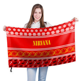 Флаг 3D с принтом Праздничный Nirvana в Новосибирске, 100% полиэстер | плотность ткани — 95 г/м2, размер — 67 х 109 см. Принт наносится с одной стороны | cobain | kurt | nirvana | альтернативный | гранж | группа | дональд | знак | кобейн | красный | курт | музыка | музыкант | надпись | нервана | нирвана | новогодний | новоселич | новый год | певец | праздник
