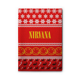 Обложка для автодокументов с принтом Праздничный Nirvana в Новосибирске, натуральная кожа |  размер 19,9*13 см; внутри 4 больших “конверта” для документов и один маленький отдел — туда идеально встанут права | cobain | kurt | nirvana | альтернативный | гранж | группа | дональд | знак | кобейн | красный | курт | музыка | музыкант | надпись | нервана | нирвана | новогодний | новоселич | новый год | певец | праздник