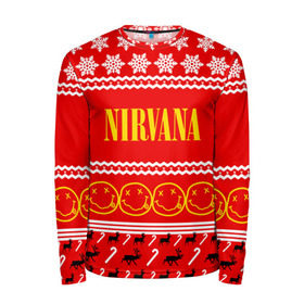 Мужской лонгслив 3D с принтом Праздничный Nirvana в Новосибирске, 100% полиэстер | длинные рукава, круглый вырез горловины, полуприлегающий силуэт | Тематика изображения на принте: cobain | kurt | nirvana | альтернативный | гранж | группа | дональд | знак | кобейн | красный | курт | музыка | музыкант | надпись | нервана | нирвана | новогодний | новоселич | новый год | певец | праздник