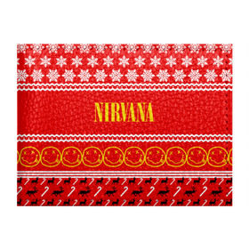 Обложка для студенческого билета с принтом Праздничный Nirvana в Новосибирске, натуральная кожа | Размер: 11*8 см; Печать на всей внешней стороне | Тематика изображения на принте: cobain | kurt | nirvana | альтернативный | гранж | группа | дональд | знак | кобейн | красный | курт | музыка | музыкант | надпись | нервана | нирвана | новогодний | новоселич | новый год | певец | праздник