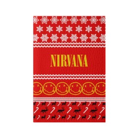 Обложка для паспорта матовая кожа с принтом Праздничный Nirvana в Новосибирске, натуральная матовая кожа | размер 19,3 х 13,7 см; прозрачные пластиковые крепления | cobain | kurt | nirvana | альтернативный | гранж | группа | дональд | знак | кобейн | красный | курт | музыка | музыкант | надпись | нервана | нирвана | новогодний | новоселич | новый год | певец | праздник