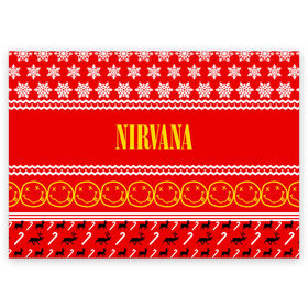 Поздравительная открытка с принтом Праздничный Nirvana в Новосибирске, 100% бумага | плотность бумаги 280 г/м2, матовая, на обратной стороне линовка и место для марки
 | cobain | kurt | nirvana | альтернативный | гранж | группа | дональд | знак | кобейн | красный | курт | музыка | музыкант | надпись | нервана | нирвана | новогодний | новоселич | новый год | певец | праздник