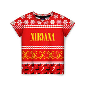 Детская футболка 3D с принтом Праздничный Nirvana в Новосибирске, 100% гипоаллергенный полиэфир | прямой крой, круглый вырез горловины, длина до линии бедер, чуть спущенное плечо, ткань немного тянется | cobain | kurt | nirvana | альтернативный | гранж | группа | дональд | знак | кобейн | красный | курт | музыка | музыкант | надпись | нервана | нирвана | новогодний | новоселич | новый год | певец | праздник