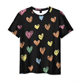 Мужская футболка 3D с принтом Разноцветные сердечки в Новосибирске, 100% полиэфир | прямой крой, круглый вырез горловины, длина до линии бедер | 14 | love | валентин | губы | день | любовь | подарок | поцелуй | сердце | страсть | февраль