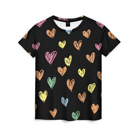 Женская футболка 3D с принтом Разноцветные сердечки в Новосибирске, 100% полиэфир ( синтетическое хлопкоподобное полотно) | прямой крой, круглый вырез горловины, длина до линии бедер | 14 | love | валентин | губы | день | любовь | подарок | поцелуй | сердце | страсть | февраль