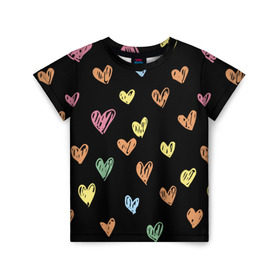 Детская футболка 3D с принтом Разноцветные сердечки в Новосибирске, 100% гипоаллергенный полиэфир | прямой крой, круглый вырез горловины, длина до линии бедер, чуть спущенное плечо, ткань немного тянется | 14 | love | валентин | губы | день | любовь | подарок | поцелуй | сердце | страсть | февраль