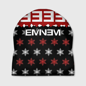 Шапка 3D с принтом Праздничный Eminem в Новосибирске, 100% полиэстер | универсальный размер, печать по всей поверхности изделия | hip hop | hiphop | mc | rap | брюс | еменем | еминем | зачитал | знак | красный | маршалл | мс | мэтерс | надпись | новогодний | новый год | праздник | реп | репер | речитатив | рождество | рэп | рэпер | снежинки | хип