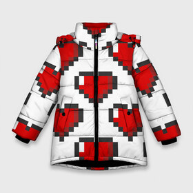Зимняя куртка для девочек 3D с принтом Пиксельные сердечки в Новосибирске, ткань верха — 100% полиэстер; подклад — 100% полиэстер, утеплитель — 100% полиэстер. | длина ниже бедра, удлиненная спинка, воротник стойка и отстегивающийся капюшон. Есть боковые карманы с листочкой на кнопках, утяжки по низу изделия и внутренний карман на молнии. 

Предусмотрены светоотражающий принт на спинке, радужный светоотражающий элемент на пуллере молнии и на резинке для утяжки. | Тематика изображения на принте: 14 | love | валентин | губы | день | любовь | подарок | поцелуй | сердце | страсть | февраль