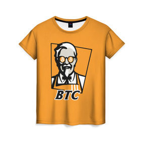 Женская футболка 3D с принтом BITCOIN в стиле KFC в Новосибирске, 100% полиэфир ( синтетическое хлопкоподобное полотно) | прямой крой, круглый вырез горловины, длина до линии бедер | bitcoin | btc | crypto | kfc | биткоин | валюта | деньги | криптовалюта | цифровое золото