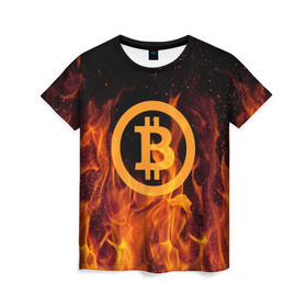 Женская футболка 3D с принтом BITCOIN FIRE в Новосибирске, 100% полиэфир ( синтетическое хлопкоподобное полотно) | прямой крой, круглый вырез горловины, длина до линии бедер | bitcoin | btc | coin | crypto | ethereum | money | orange | биткоин | валюта | деньги | известные | криптовалюта | логотип | монета | надписи.cash | оранжевый | цвет | цифровое золото | эфир