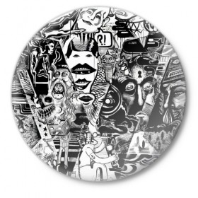 Значок с принтом Стикербомбинг NEW искусство в Новосибирске,  металл | круглая форма, металлическая застежка в виде булавки | Тематика изображения на принте: искусство | стикер | стикербомбинг | чб | чернобелый