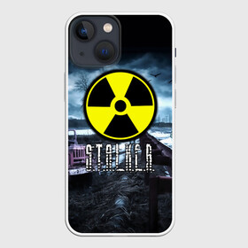 Чехол для iPhone 13 mini с принтом S.T.A.L.K.E.R. в Новосибирске,  |  | Тематика изображения на принте: stalker | буквы | волки | грузовик | зил | знак | игра | ммо | мрак | мрачный | надпись | опасность | припять | птицы | радиация | рпг | сталкер | фон | чернобыль | шутер