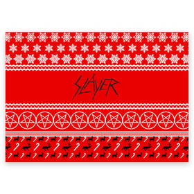 Поздравительная открытка с принтом Праздничный Slayer в Новосибирске, 100% бумага | плотность бумаги 280 г/м2, матовая, на обратной стороне линовка и место для марки
 | slayer | группа | гэри холт | знак | керри кинг | красный | метал | музыка | надпись | новогодний | новый год | песни | пол бостаф | праздник | рождество | рок | слаер | слайер | слеар | слеер | слейр | слеяр