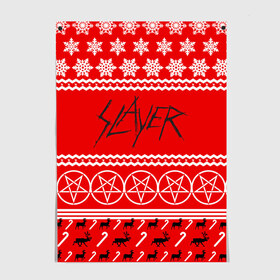 Постер с принтом Праздничный Slayer в Новосибирске, 100% бумага
 | бумага, плотность 150 мг. Матовая, но за счет высокого коэффициента гладкости имеет небольшой блеск и дает на свету блики, но в отличии от глянцевой бумаги не покрыта лаком | slayer | группа | гэри холт | знак | керри кинг | красный | метал | музыка | надпись | новогодний | новый год | песни | пол бостаф | праздник | рождество | рок | слаер | слайер | слеар | слеер | слейр | слеяр