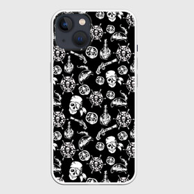 Чехол для iPhone 13 с принтом Pirates Pattern в Новосибирске,  |  | паттерн | пиратский | пираты | черно белый