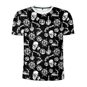 Мужская футболка 3D спортивная с принтом Pirates Pattern в Новосибирске, 100% полиэстер с улучшенными характеристиками | приталенный силуэт, круглая горловина, широкие плечи, сужается к линии бедра | Тематика изображения на принте: паттерн | пиратский | пираты | черно белый